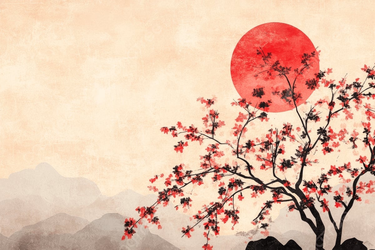 Artistic painting of a flowering tree with red blossoms against a large red sun and misty mountains in traditional Asian style
