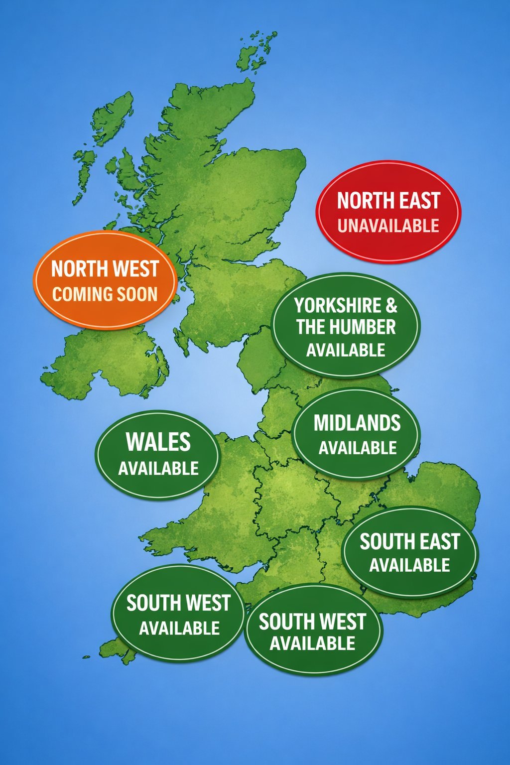 UK map showing regional service availability status with green available labels, orange coming soon for North West, and red unavailable for North East
